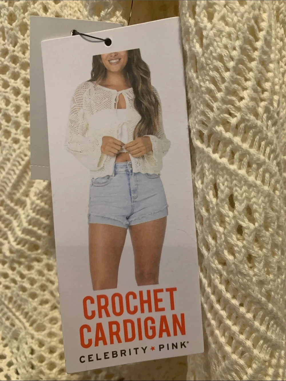 Celebrity Pink Open Crochet Tie-Front Cardigan in Cream - Picture 2 of 5